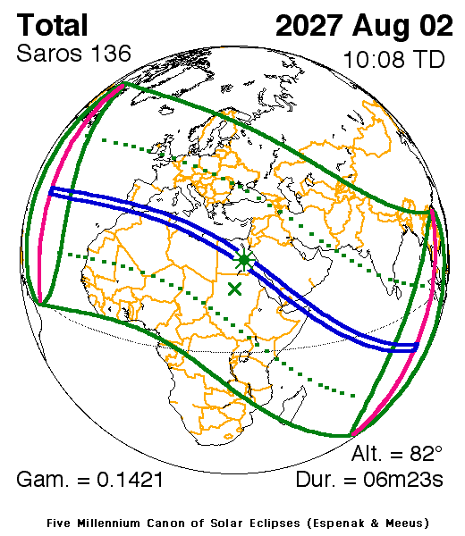 Carte NASA de la trajectoire de l’éclipse solaire totale du 2 août 2027