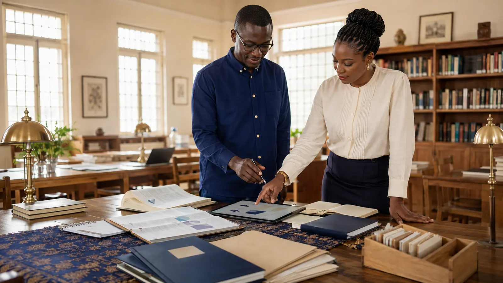 Deux chercheurs africains entièrement visibles consultant des rapports et des données dans une bibliothèque